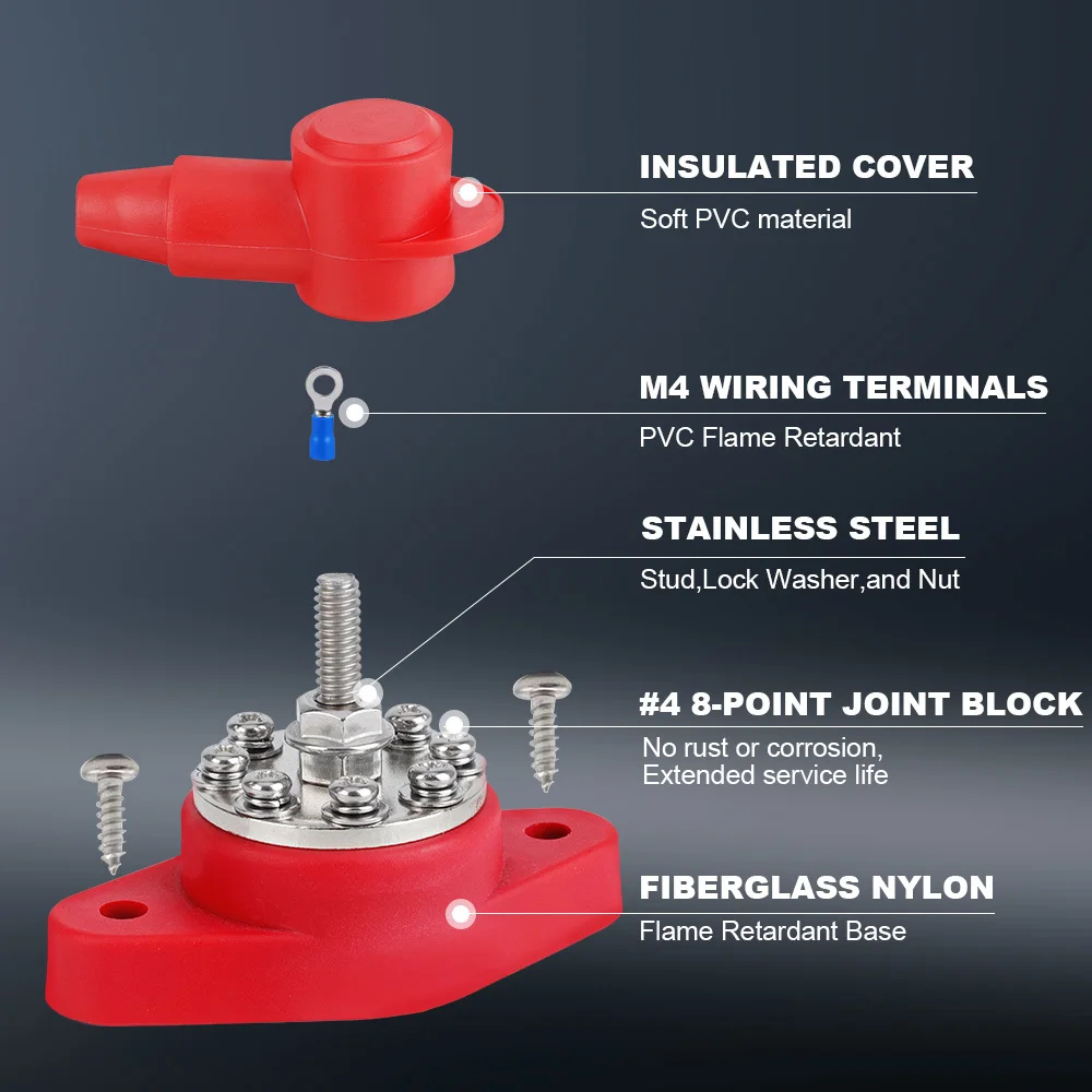 Heavy Duty Bus Bar M10 M8 M6 Battery Terminal Block Stud with Protector 12V Power Distribution Stud for Truck RV Boat Camper Car