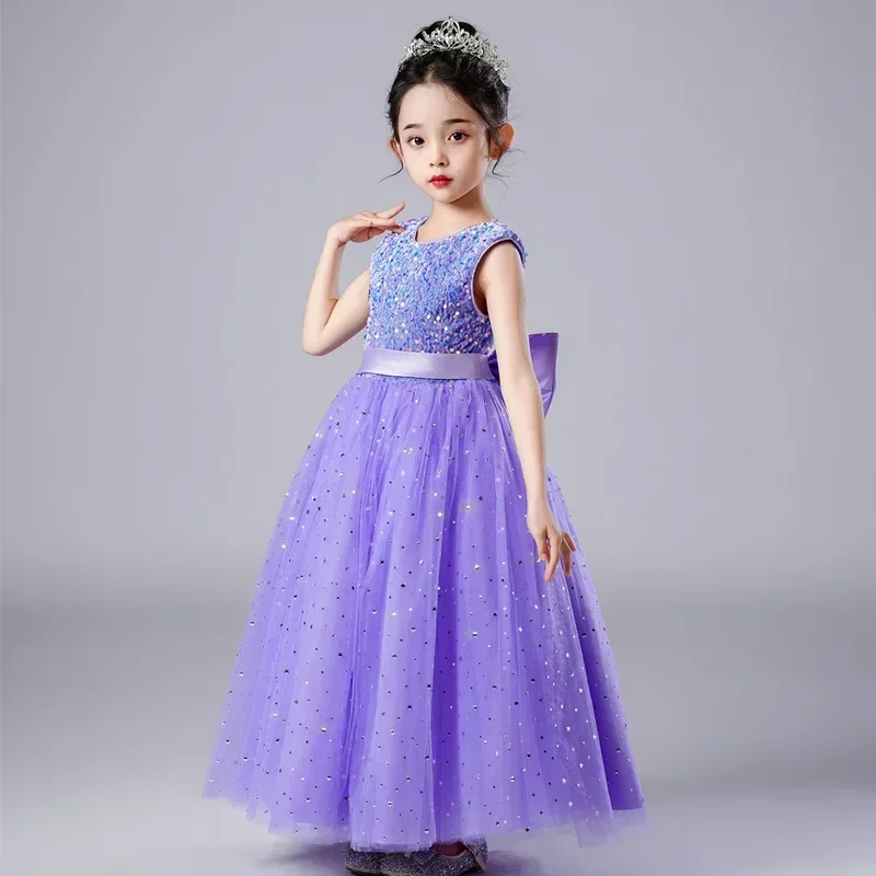 Flower Girls' Frocks Luxury Elegant Party Dresses For Wedding Ceremony Eid 6 8 9 14 Year Old Young Children's Lilac Long Clothes