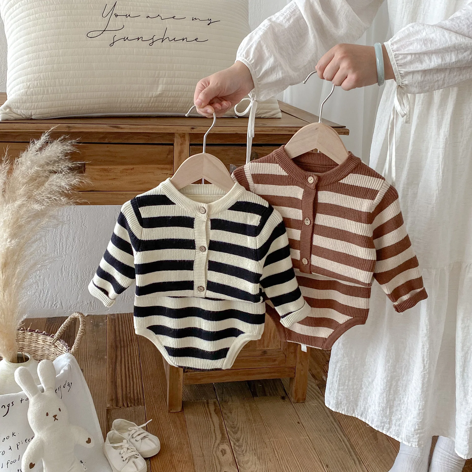 Korean Baby Clothes Autumn Boys and Girls Striped Versatile Knitted Suit Boys and Girls Sweater Foreign Style Two-piece Set