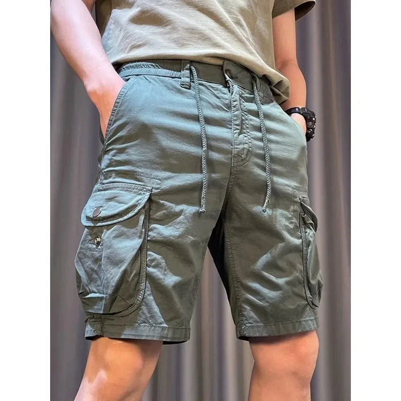 American Style Vintage Summer Men\'s Elastic Waist Drawstring Solid Pockets Zipper Trend Versatile Loose Cargo Knee Length Shorts