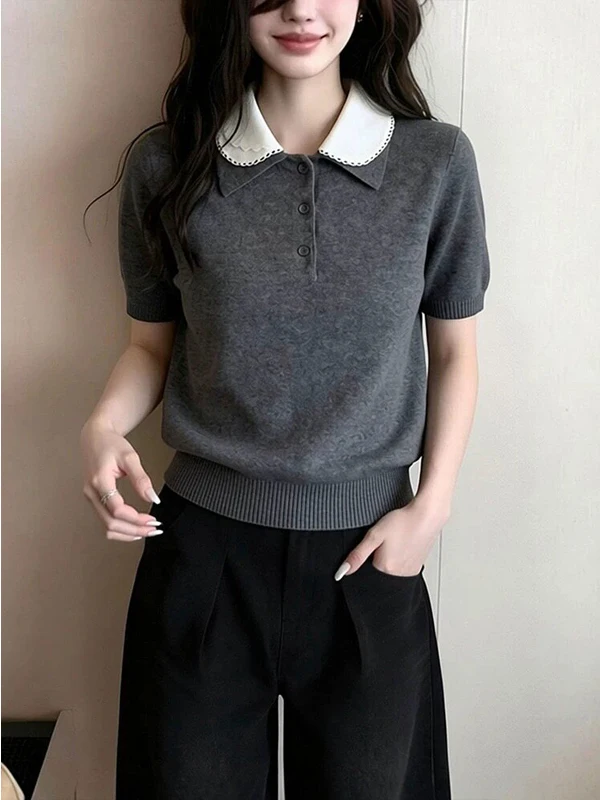Gray Collared Short Sleeve T-Shirt Women's Summer New Korean Style Lazy Fashion Knitted Top Versatile Casual Loose Fit Breath...