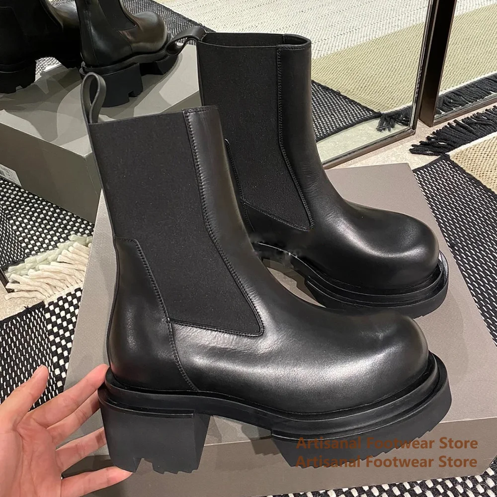 Cowhide Thick-Soled Men's Boots Round Toe Elastic Band High-Top Booties Stylish Trendy Handmade Designer Fashion Show Men Boots