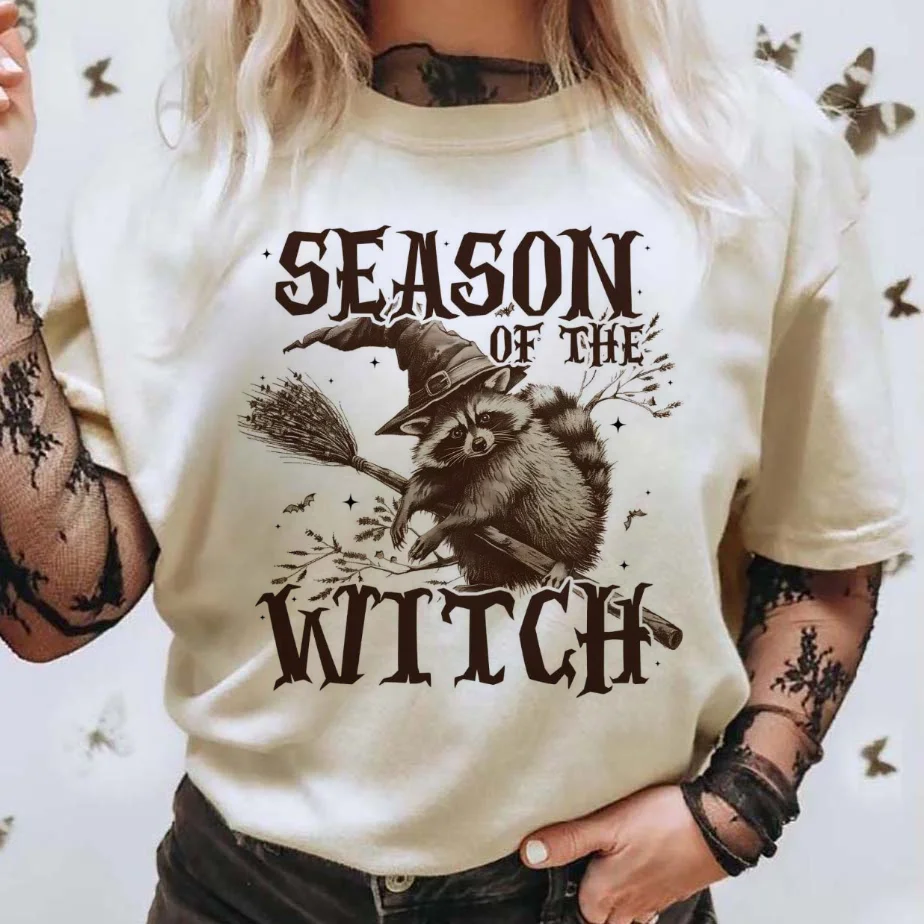 Vintage Witch Raccoon Season Of The Witch Printed Summer Dress Trendy Fashion Style Women's Top Gothic O-Neck Basic T-Shirt