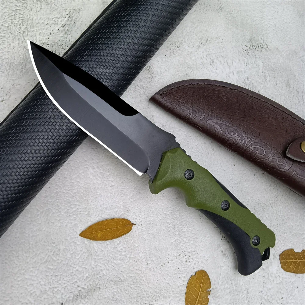 440 Steel Blade ABS Handle Full Tang Knife EDC Camping Self Defense Hunting Military Tactical Fixed Blade with Leather Sheath