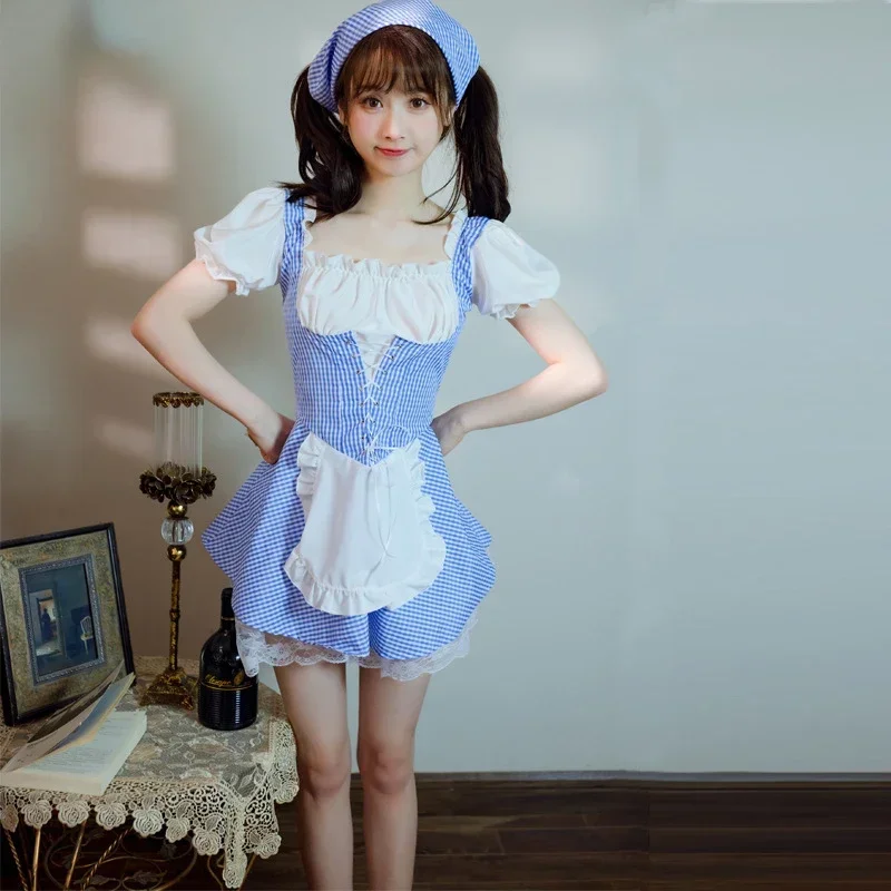 Girls Japanese Style Sexy Maid Costume Short Sleeve Slim Blue Check Lolita Uniform Attendant Waitress Cute Sweet Apron Dress Xxl