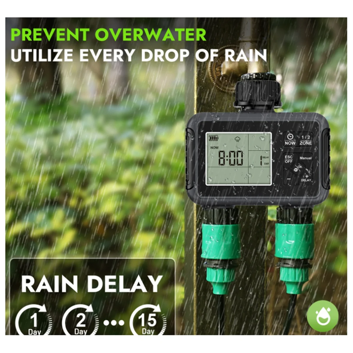 A002 Smart Water Timer Intelligent 2 Outlet Irrigation Watering System Sprinkler Timer Garden Programmer LCD Display