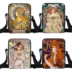 Oil Painting By Alphonse Mucha Print Crossbody Bag Women Men Messenger Bags Phone ID Card Key Shoulder Bag Holder Book Bags Gift