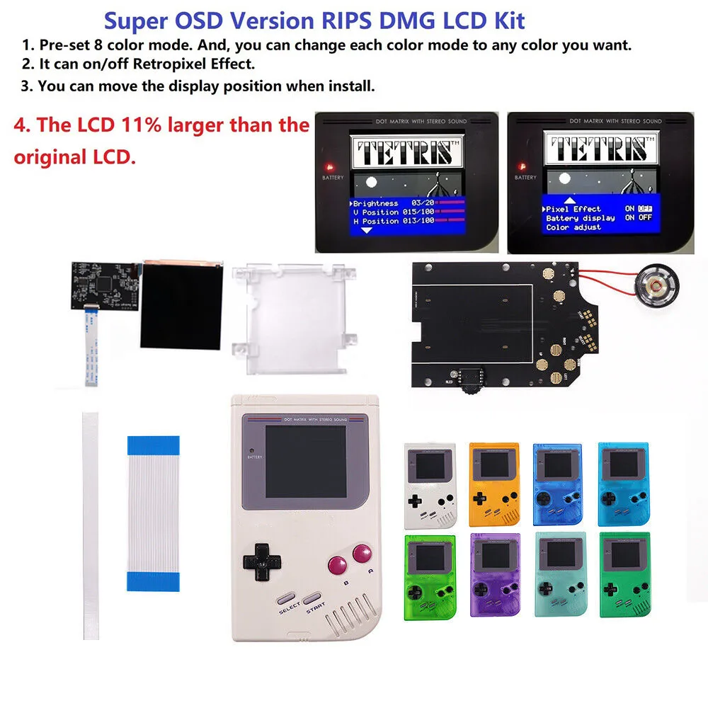 RIPS OSD Backlight Color Model Q5 LCD IPS Kit For Game Boy GBO/DMG&Pre-Cut shell $ Pre-Solder Speaker