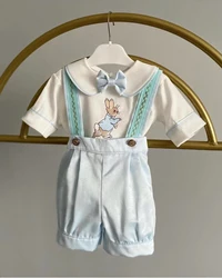 0-6Y Baby Boy Summer Rabbit Embroidery Blue Rompers White Shirt Set for Easter Eid Birthday B308