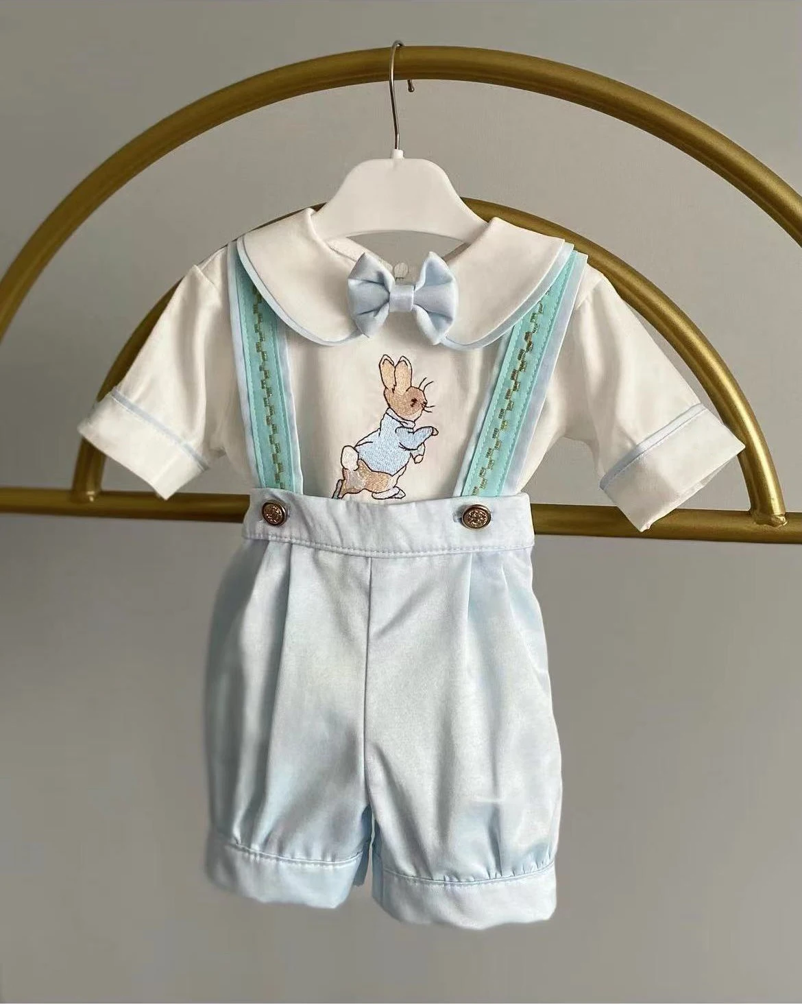 0-6Y Baby Boy Summer Rabbit Embroidery Blue Rompers White Shirt Set for Easter Eid Birthday B308