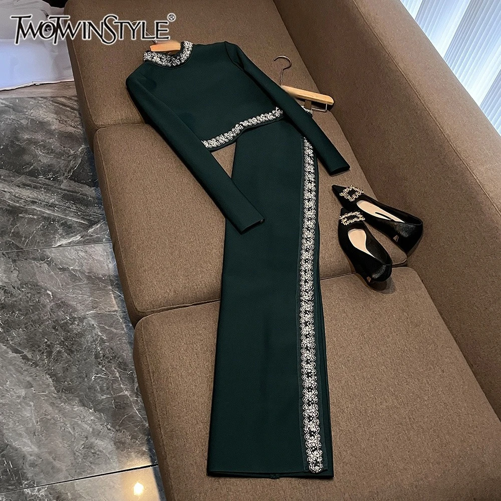 

TWOTWINSTYLE Gorgeous Slimming Two Piece Sets For Women Round Neck Long Sleeve Top High Waist Skirt Elegant Set Female KSE554647
