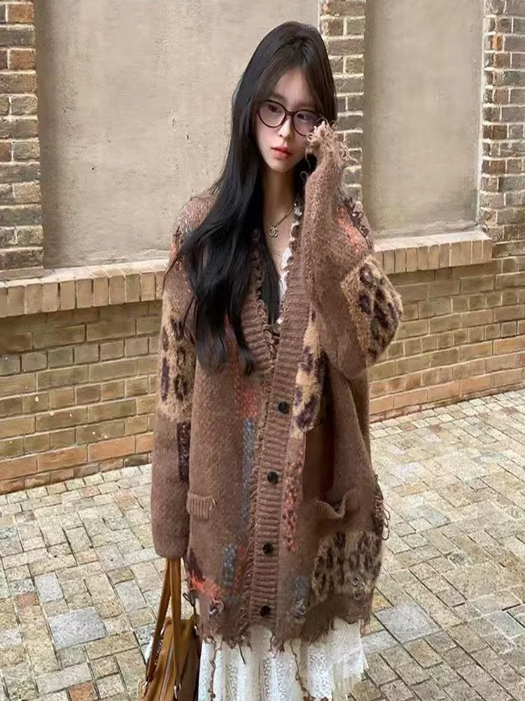 Herbst Winter Thiened Lose frauen Pullover Strickjacke Colion Farbe Leopard Print Faul Sle Gebrochene Quaste Oberbekleidung