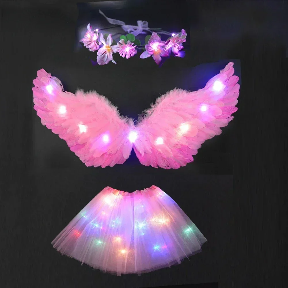 Kids Adult Fairy Costume Light Up Tutu Skirt Glow Flower Headband Angel Feather Wing Halo Birthday Party Christmas Halloween