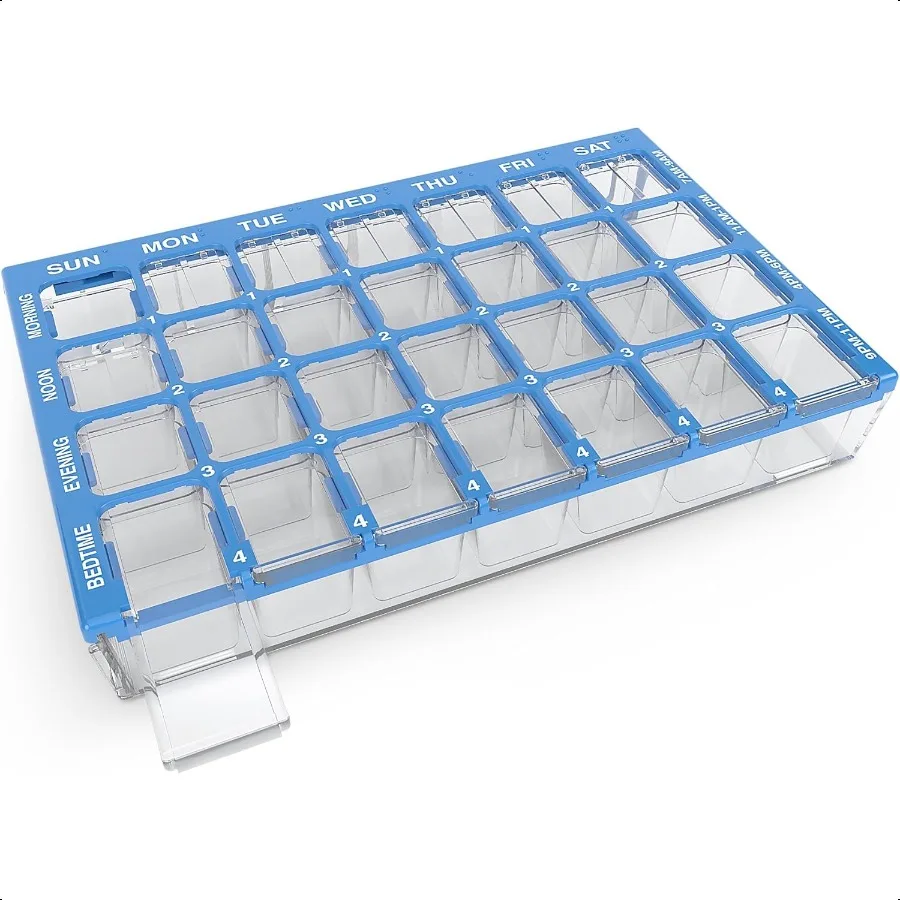 

EZY DOSE Weekly 7Day Pill Organizer Vitamin and Medicine Box Medium Compartments with Easy Fill Tray 4 Times a Day Clear Lids C