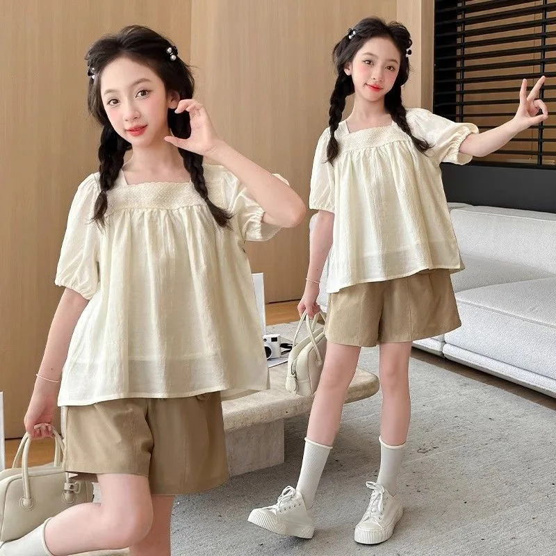 

Kids Clothes for Girls Summer Puffed Sleeves Chiffon Shirt + Shorts Outfits Teen Girl Clothing Sets Fashion Children's Tracksuit