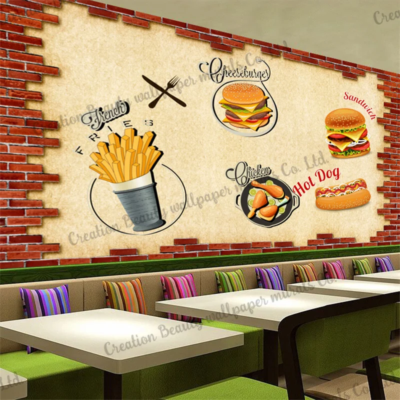 Custom Brick Wall Fast Food Wallpaper Hamburg French Fries Mural Industrial Decor Restaurant Snack Bar Background contact paper