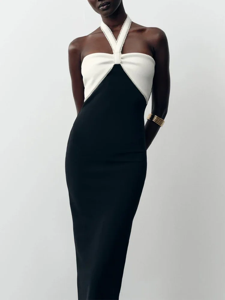 

European and American 2025 autumn new women's sleeveless slim contrast color bow elastic halter neck backless dress