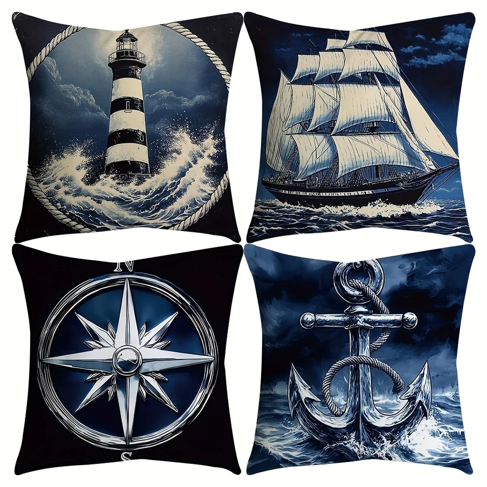 1PC 2D Flat Nautical Themed Throw Pillow Covers Sailboat Anchor Compass Decorative Cushion Cases for Home No Pillow Core