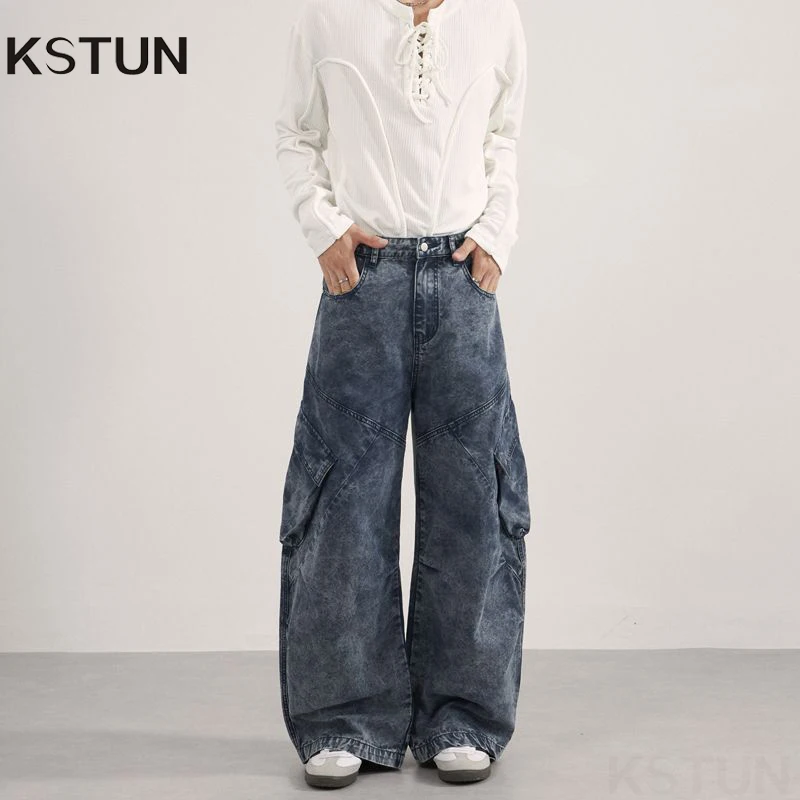 KSTUN فضفاض الجينز الرجال واسعة الساق فضفاضة تناسب منحني السراويل المتضخم الأمريكية خمر البضائع السراويل جيوب متعددة كامل طول السراويل #1