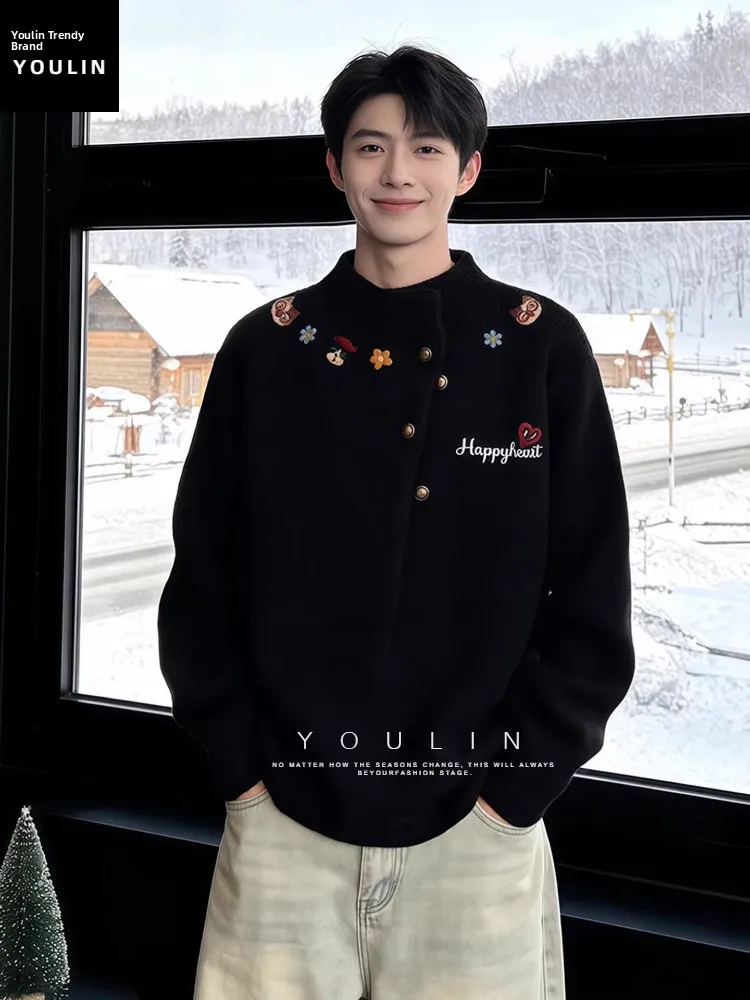 

Мужской вязаный свитер с вышивкой и высоким воротником, утепленный, повседневный, из смесового хлопка, с длинными рукавами, зимний топ