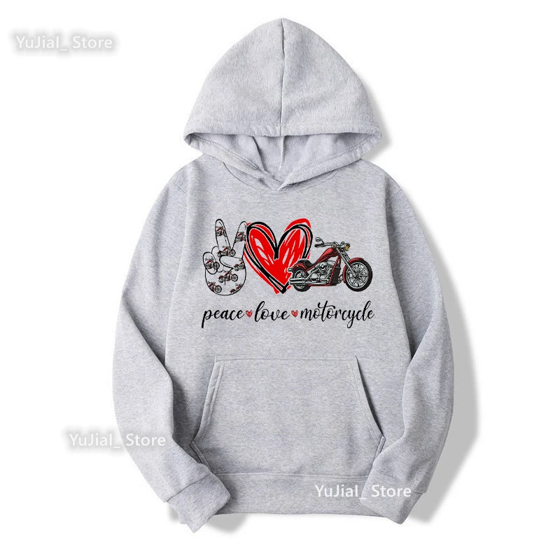 Peace Love Motorcycle Graphic Print Cap Hoodies Women'S Clothing Funny Fashion Pink/White/Gray Sweatshirt Winter/Spring Coat