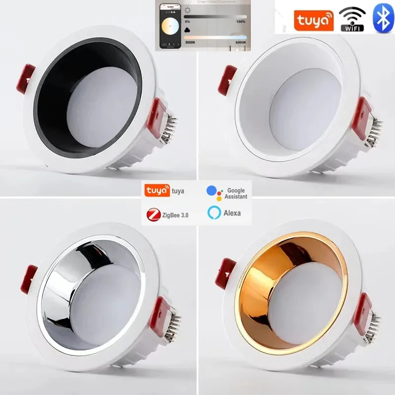 Tuya Bluetooth/Zigbee3.0 Smart Recessed LED Grille Light Dimmable Black/White Aluminum Downlight AC7W/12W/20W/30W COB Spot Light