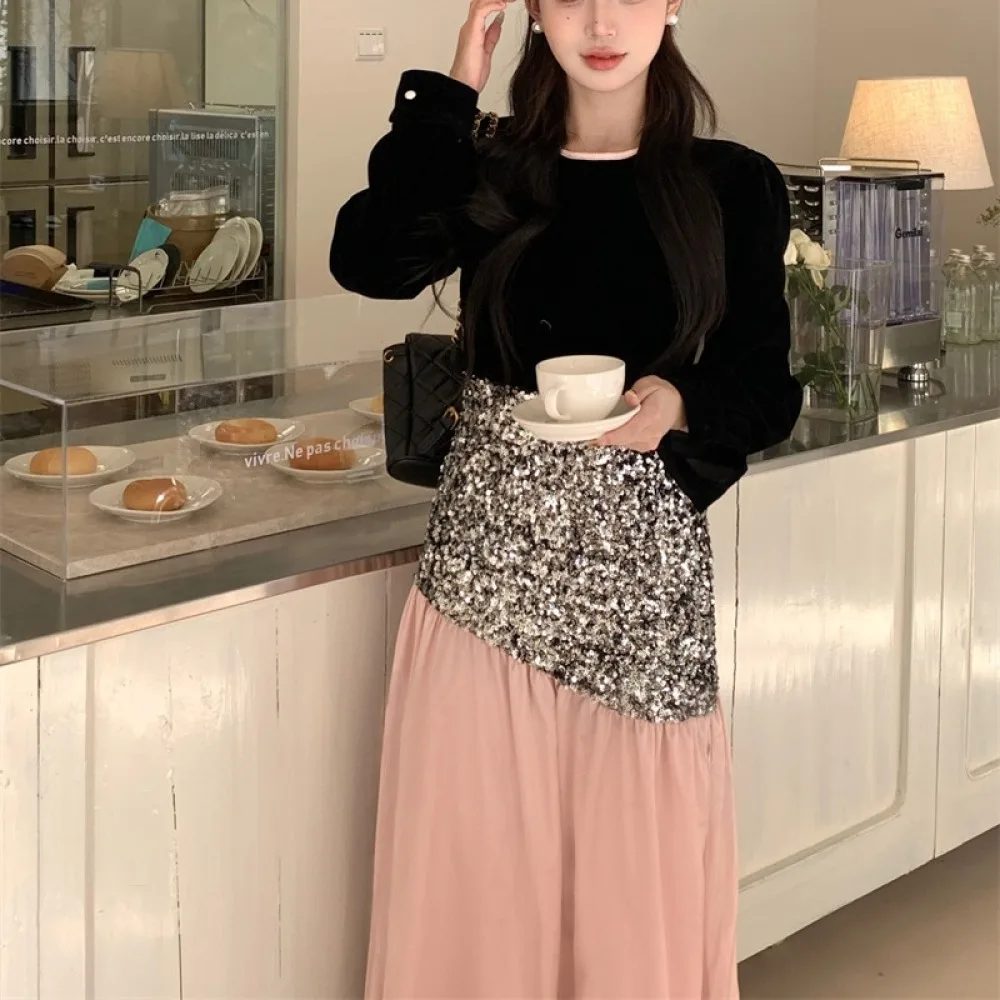 Vintage Long Trumpet Dress for Women Sequins Patchwork Flattering Long Sleeve Maxi Dresses Female Low Waisted