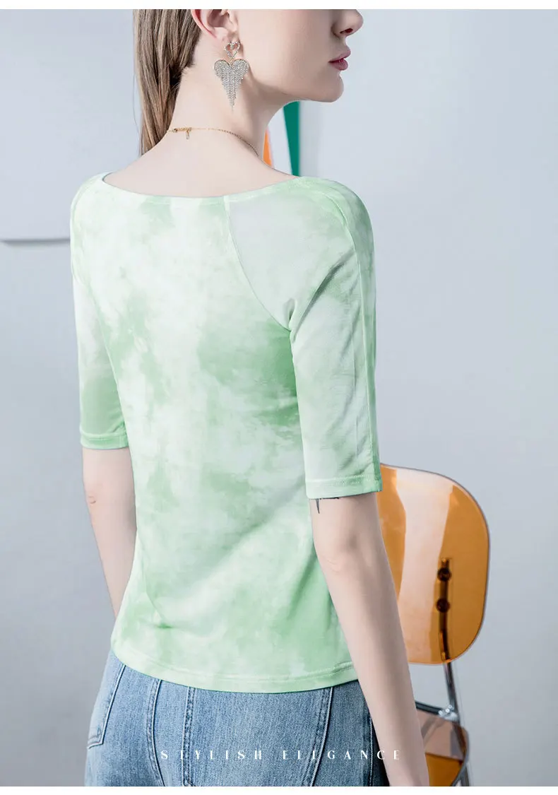 Boweylun Tie-dye Printed Square Neck Mesh Sleeve T-Shirt Women Summer Sexy Leakage Collarbone Middle Sleeve Tops Female