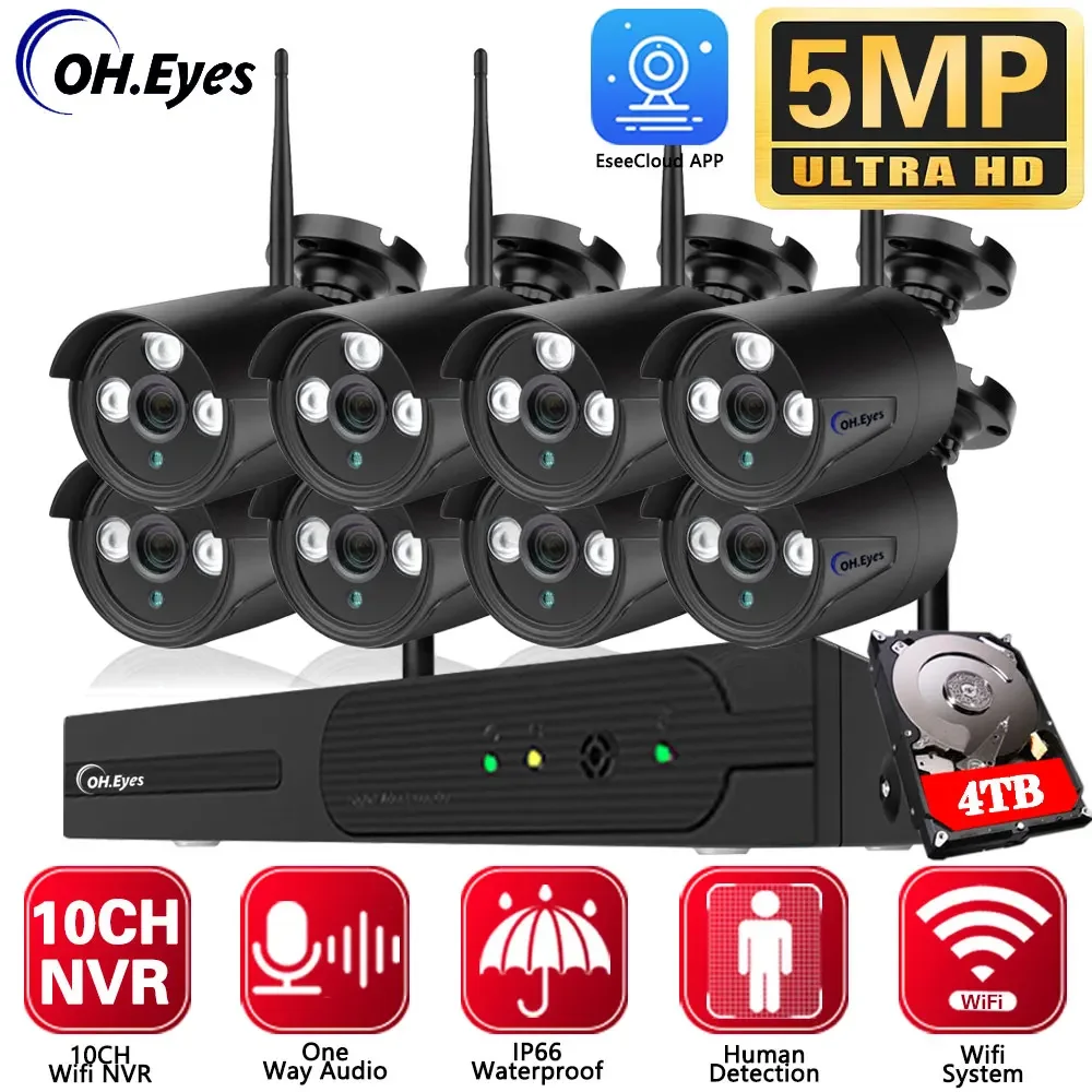 Kit de vidéosurveillance sans fil, système de caméra de sécurité, audio extérieur, ensemble de caméras IP, NVR CCTV, 5MP, 2K, 10CH, WiFi