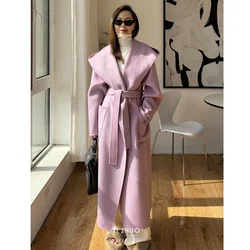 Women Beautiful Long Length Hooded Bathrobe Wide-lapel Woolen Coat Hoodie Wool Overcoat Lace Up Fashion Solid Color Outerwear