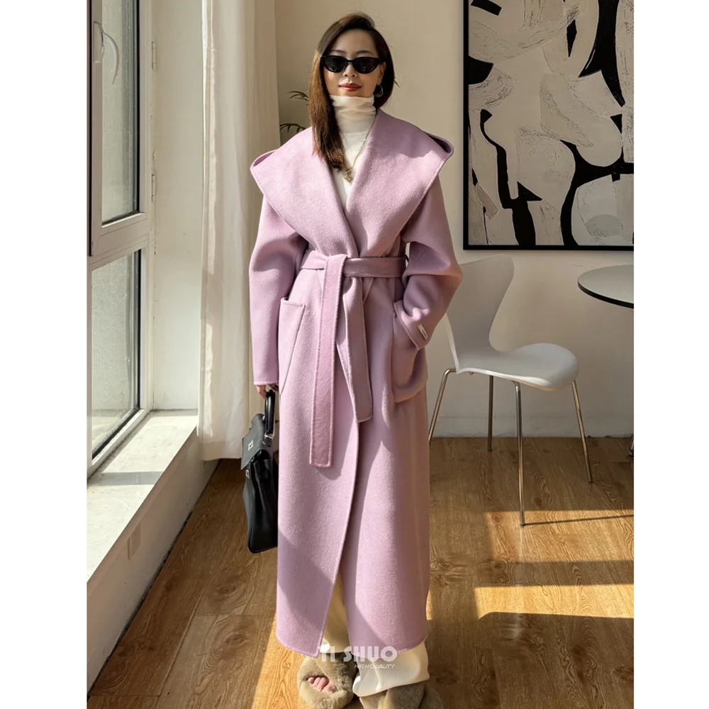 2024 New Women Beautiful Long Length Hooded Bathrobe Wide-lapel Woolen Coat Hoodie Wool Overcoat Lace Up Fashion Solid Color