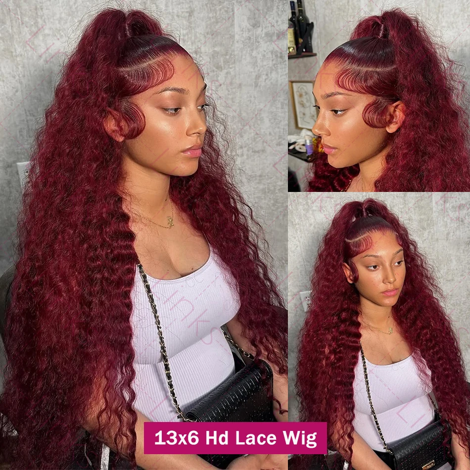 30 42 Inch 99J Burgundy 13x6 HD Lace Frontal Human Hair Wigs Red Curly 13X4 Colored Deep Wave 13x4 Lace Front Human Hair Wigs