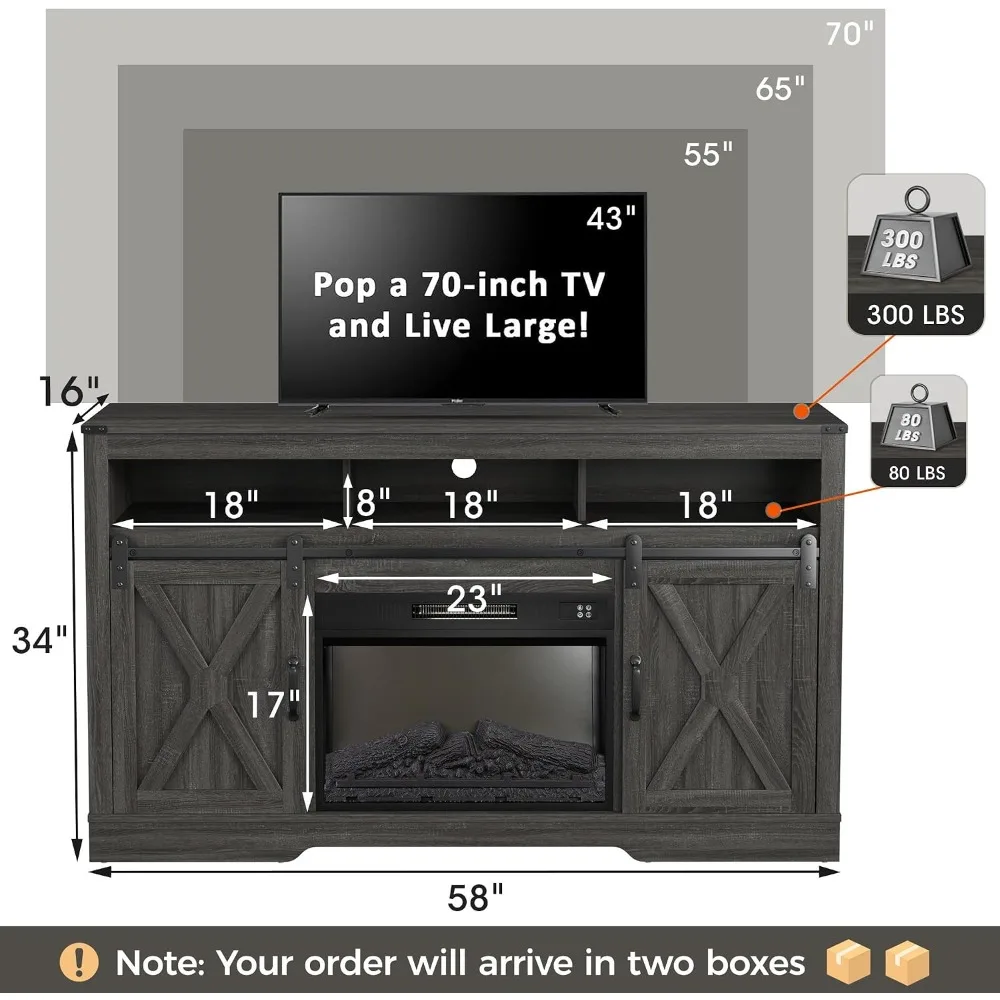 Farmhouse Style Entertainment Center with Electric Fireplace for 65+ Inch TVs