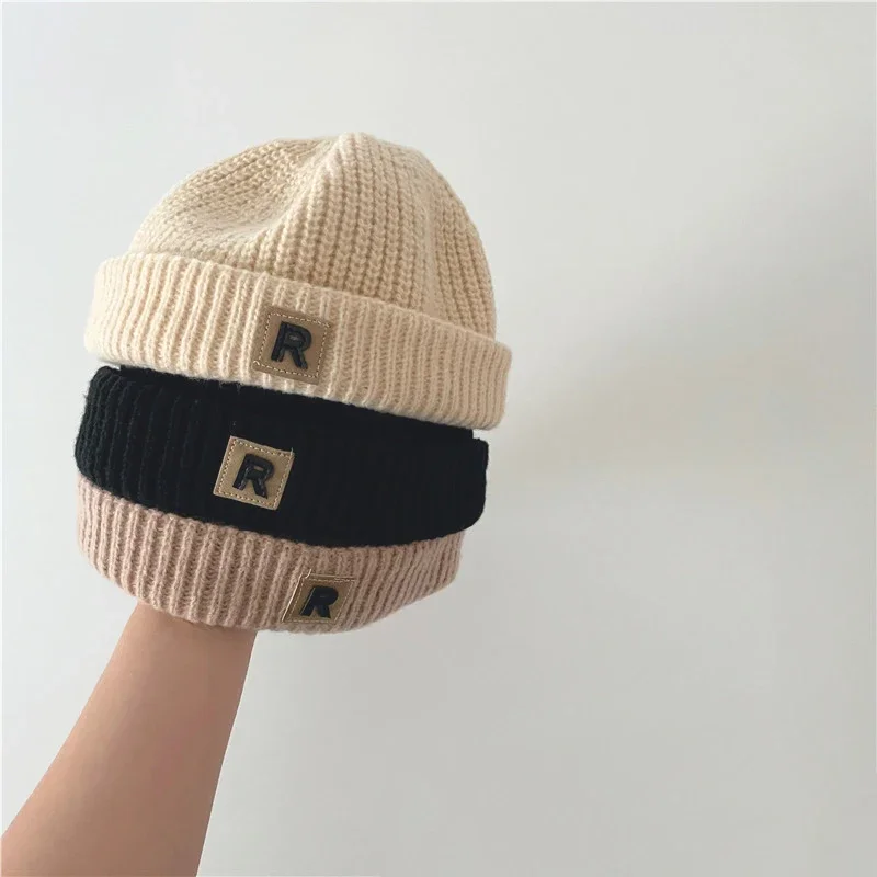 Solid Color Letter Baby Knit Hat Winter Warm Boy Girl Knitted Cap 0-5year Kids Vintage Dome Brimless Docker Cap
