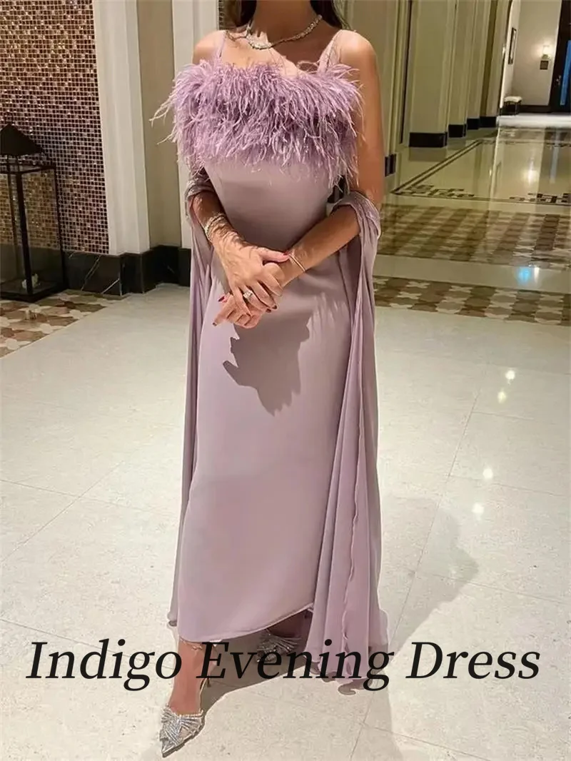 Indigo-Vestidos de Noche Sin mangas hasta el tobillo para mujer, chal de plumas de espagueti, vestido Formal de fiesta para ocasiones, 2024