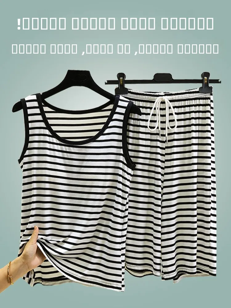 

Свободный модальный женский летний тонкий домашний жилет с запахом, комплект с нагрудной подушечкой в полоску, повседневный круглый Ne