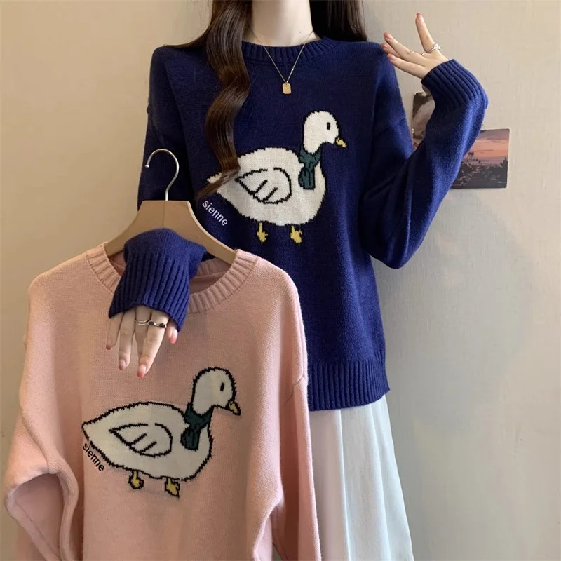 Cartoon Cute Hand-painted Duck Simple Crew Neck Long Sleeve Versatile Casual Simple Knitted Sweater Pullover Ins Top