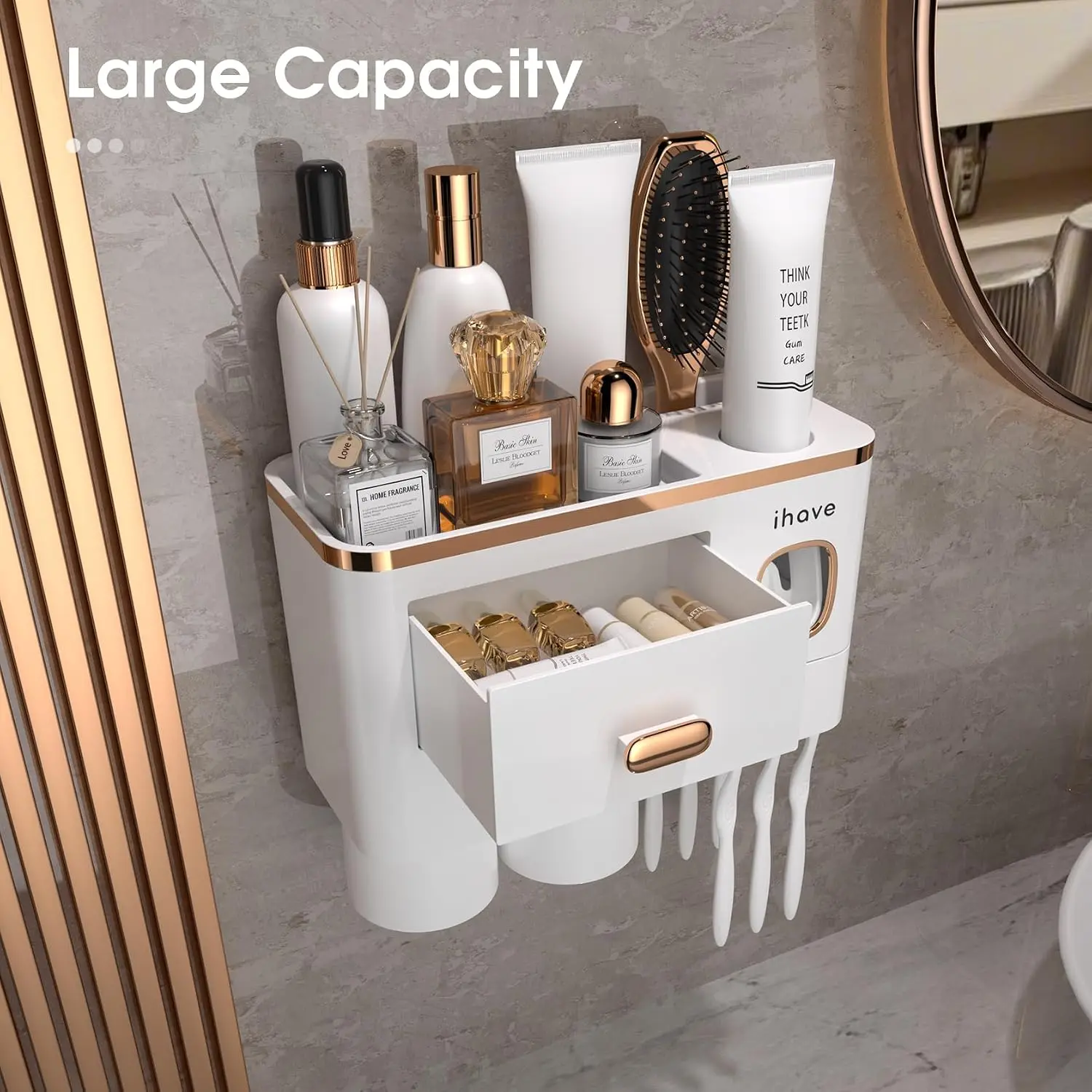 Wall Mounted Toothbrush Holder with Toothpaste Dispenser and 2 Cups for Bathroom