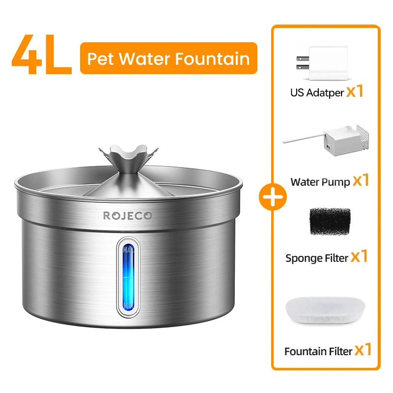 ROJECO Roestvrijstalen drinkfontein voor huisdieren Auto Cat Waterfontein Slimme waterdispenser voor huisdieren met pomp voor hond Kat drinkbak