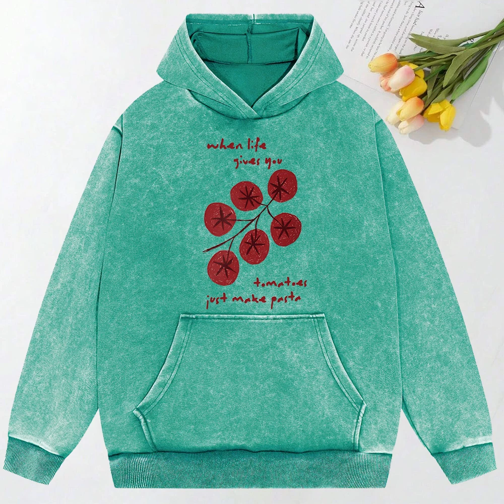 Cartoon Tomatoes Creative Print Female Washed Clothes All-Match Cotton Hoodies Pocket Loose Sweatshirt Casual Multicolor Hoody