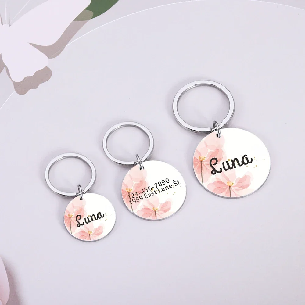 Personalized Pet ID Tags Anti-lost Name Plate Stainless Steel Collar Flower Round Pendant Custom Dog ID Collar Accessories