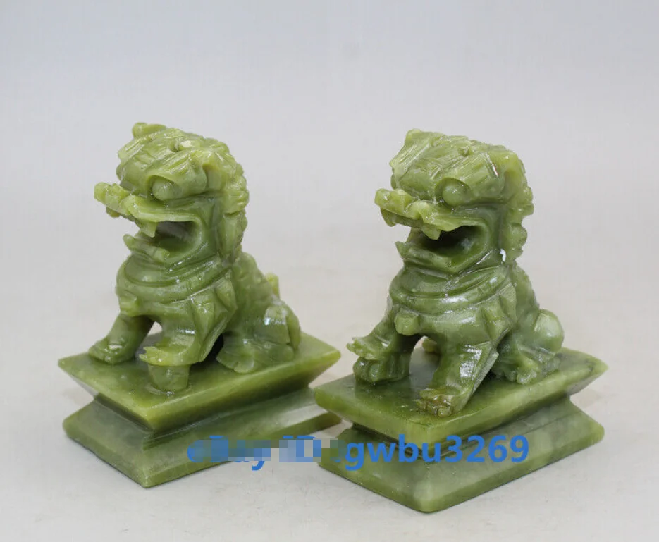 Пара натуральных китайских зеленых нефритовых резных фэншуй Foo Fu Dog Guard Door Lion 22539