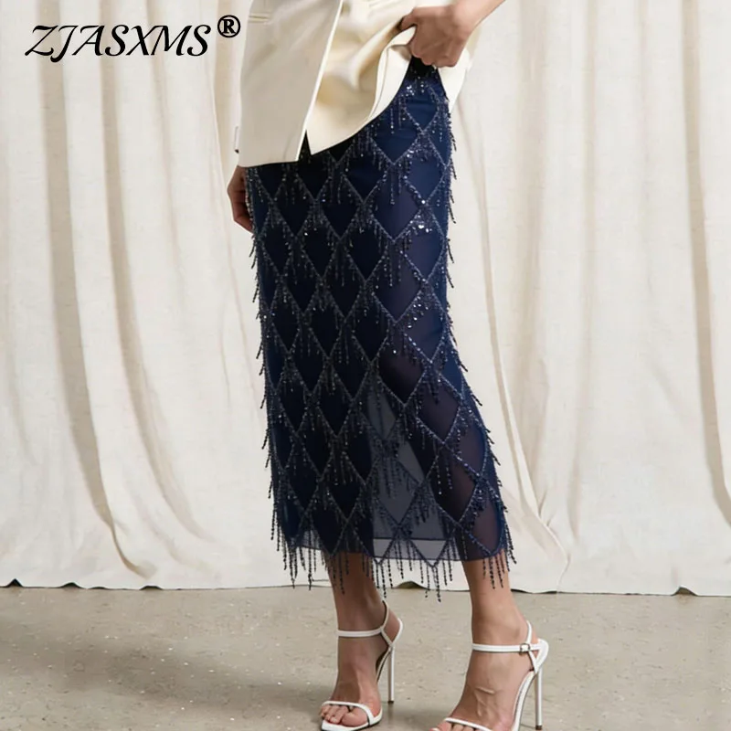 Women Sequin Tassel Midi Skirts High Waist Mesh Sheer Diamond Pattern Fringe Beaded Skirts Elegant Cocktail Evening Party Skirts