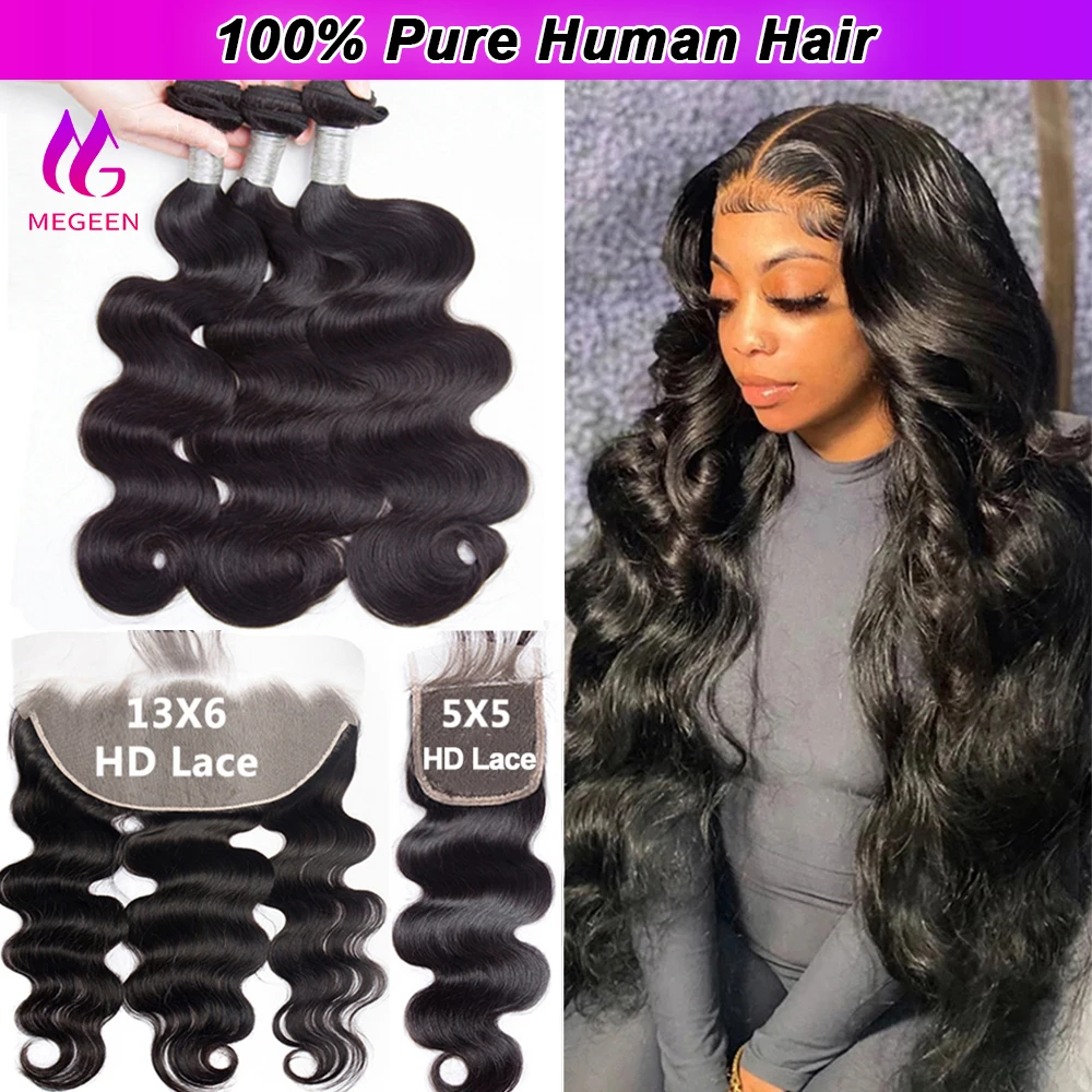 Megeen 30 Inch Body Wave Human Hair Bundles with Closure 13x6 hd Lace frontal with Bundles 5x5 Closure With Human Hair Bundles