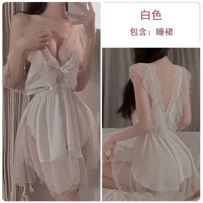 2024 New Sexy Women V Neck Dot Dress Gauze Erotic Charm Mature Elegant Gentle Soft Romantic Passion Bowknot Sweet New Style