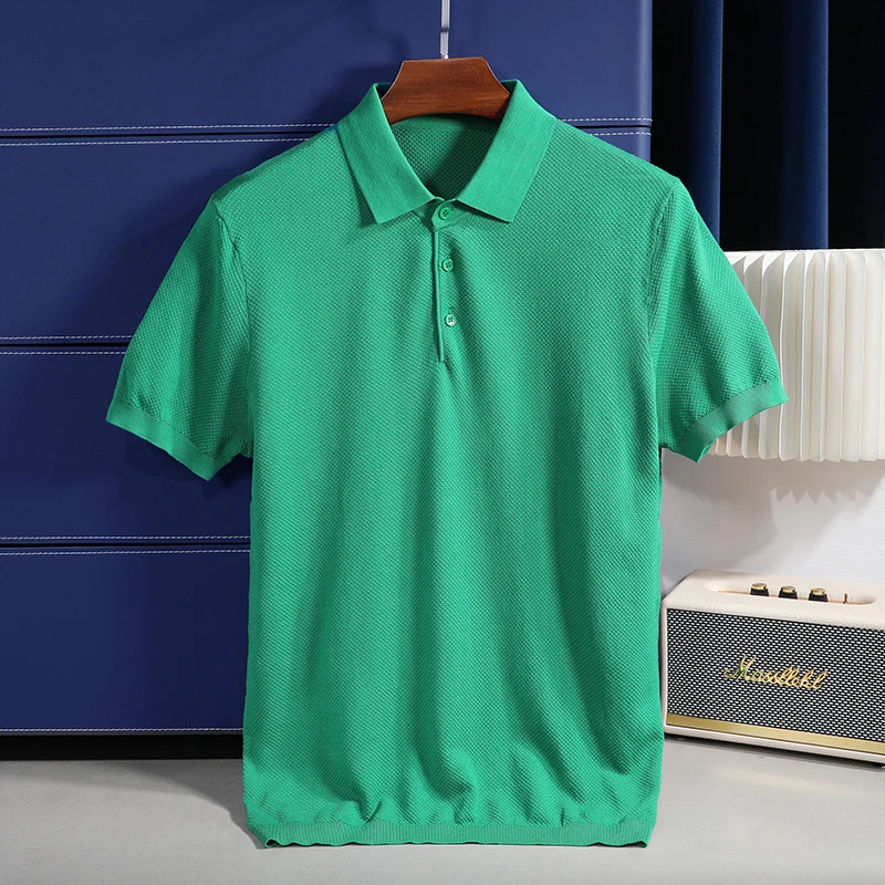 

High-end Summer Silk Pineapple Pattern Casual Lapel Polo Shirt Men's Business Solid Color Fashion Short-sleeved T-shirt M-4XL