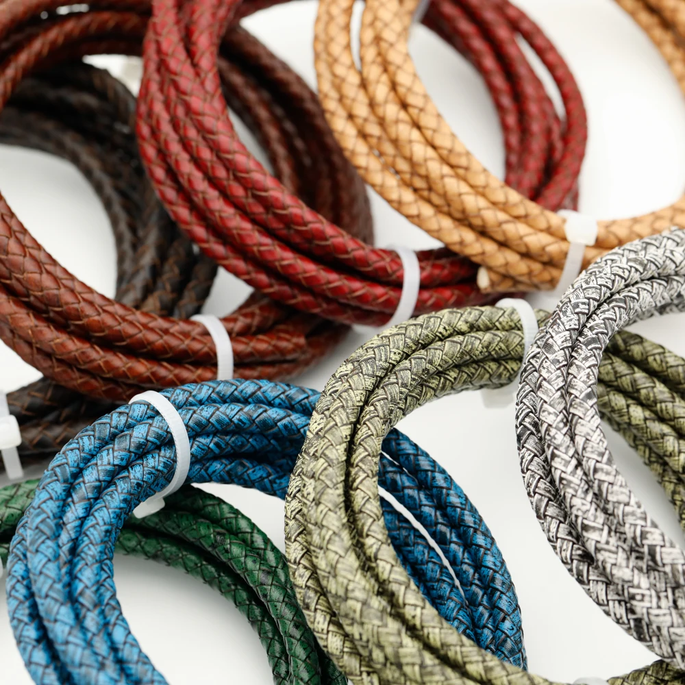 2 Meter Retro-Farben Geflochtenes Echtleder-Armband-Zubehör 6mm Runde Lederschnur Seil DIY Halsketten- und Armbandherstellung – Detail 1