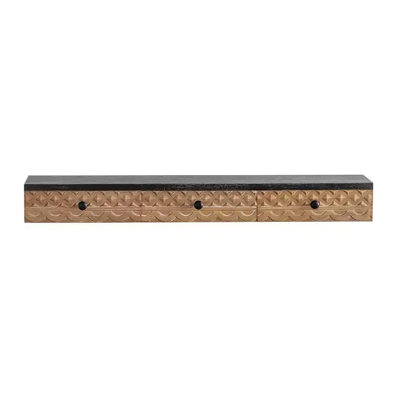 Classical Retro Wall Mounted Storage Shelves, Carved Wood Drawers, Black and Natural, Set of 3, Decorative Pattern