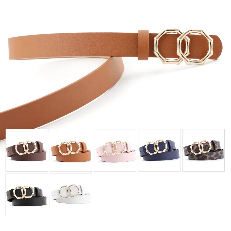 Fashion Vintage Double Round Buckle Belt Imitation Leather Alloy Pin Buckle Belts New Women's Casual Waist Belt Jeans Dress Belt