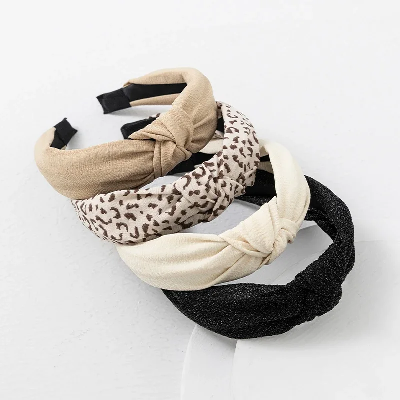 4pcs New Solid Color Leopard Print Fleece Headband Women Simple Knot Wide Edge Pressure Hair Band Hair Accessories